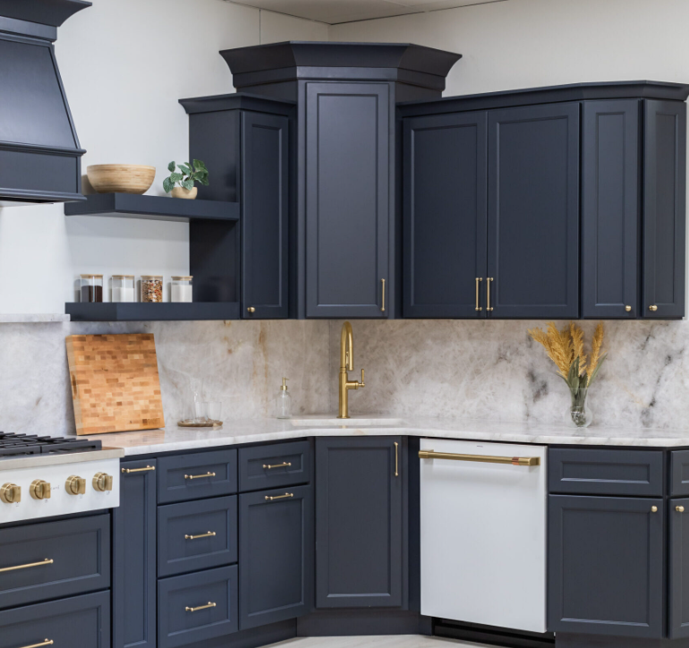 Modern kitchen with a stone waterfall island countertop